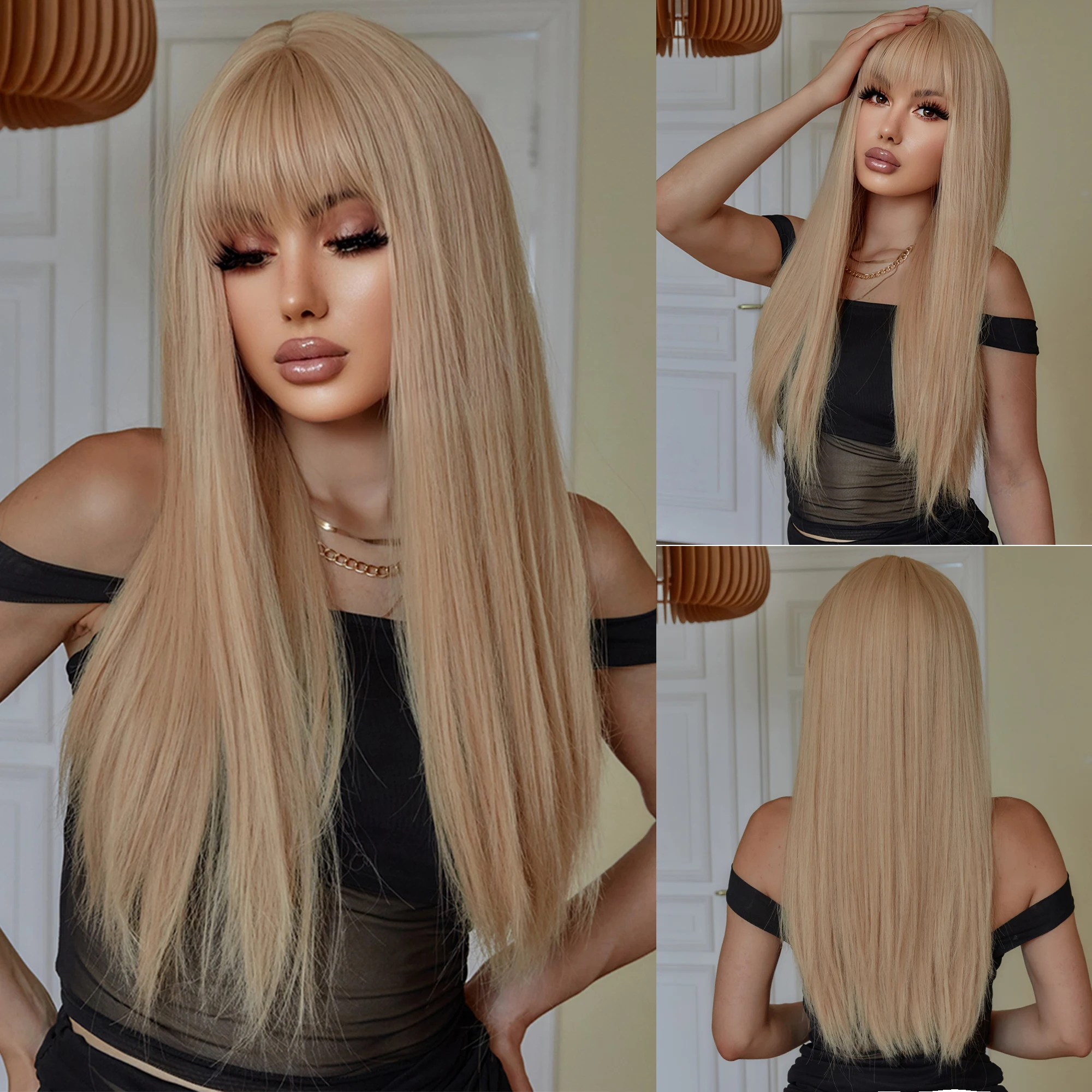 

Blonde Long Straight Wig Synthetic with Bangs Natural Hairline Wig Highlight Black Brown Pink Wig For Women Daily Cosplay Party