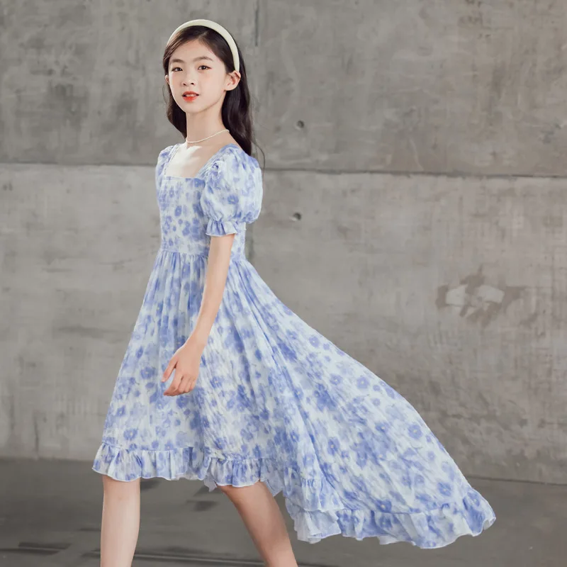 

Girls Evening Party Long Dress Teenager Floral Print Elegant Squar Collar Mermaid Holiday Costumes 8 10 12 years old
