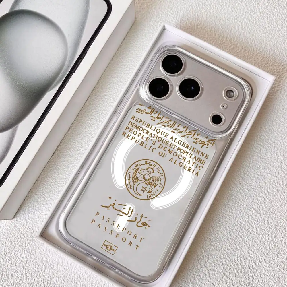 Algeria Passport Logo Magnetic Crystal Clear Phone Case with Wireless Charging Compatibility