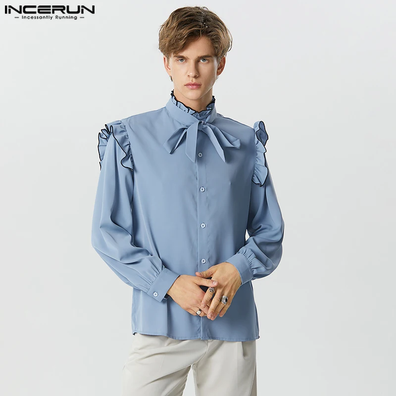 

Handsome Well Fitting Tops INCERUN New Mens Standing Collar Ruffled Edge Tie Shirts Fashion Male Solid Long Sleeved Blouse S-5XL