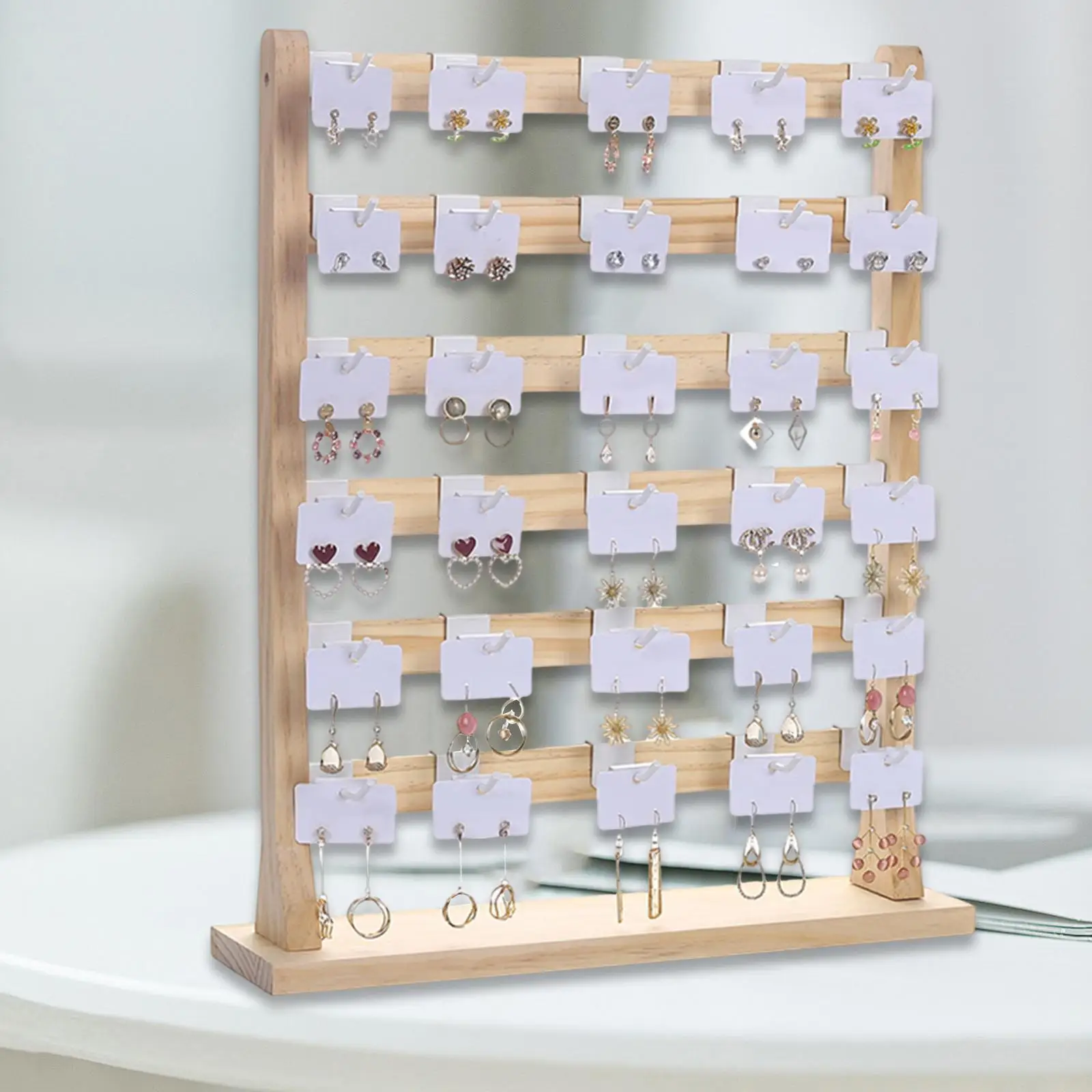 Wooden Earrings Display Stand Removable Hooks Necklace Jewelry Organizer for Earring Cards Dangles Bracelets Hanging Countertop