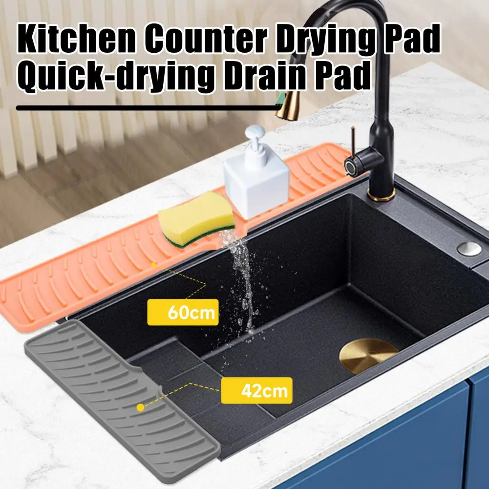 60*10cm Silicone Drain Pad Faucet Mat Anti-Slip Quick Drying Sink Mat Spill-Proof Countertop Protector Kitchen Utensil Holder