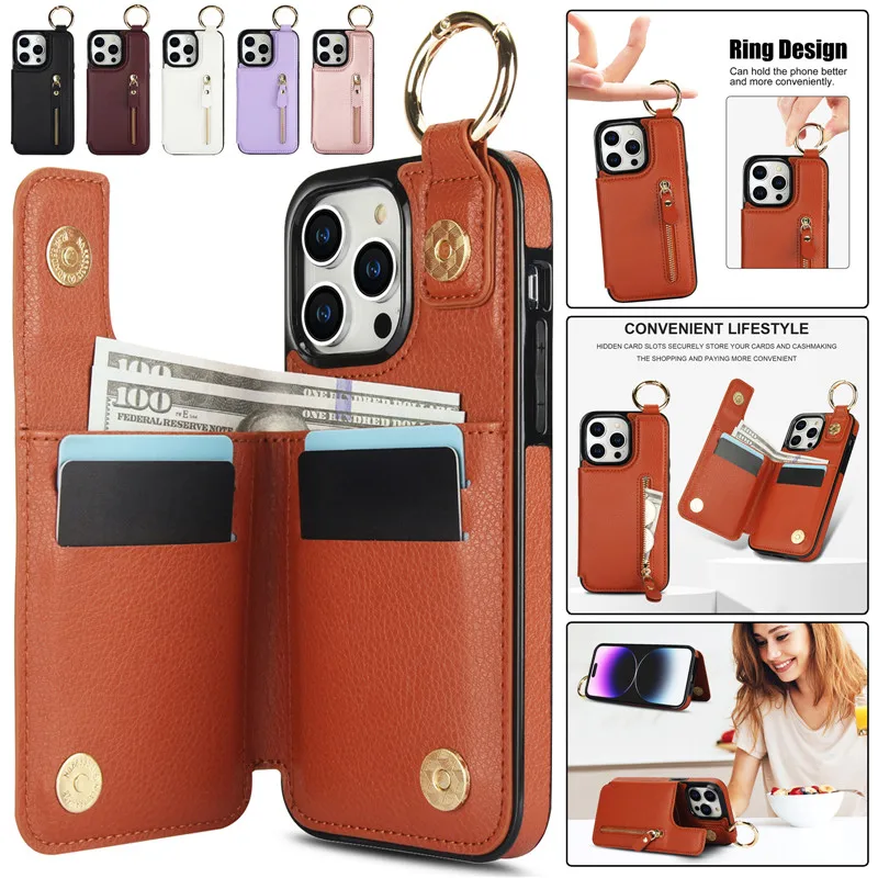 

Ring Leather Zipper Wallet Card Phone Case For iPhone 15 Pro Max 14 Plus 13 Mini 12 11 SE 2022 XR XS X 7 8 Flip Stand Cover Bag
