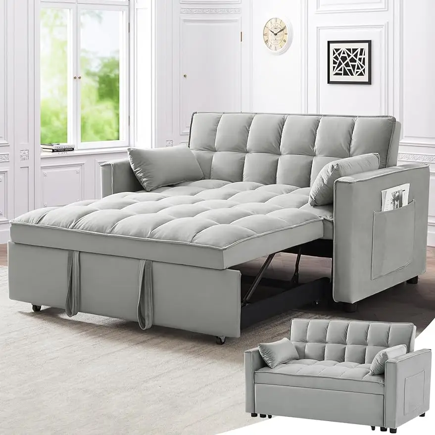 

Convertible Sofa Bed, Pull Out Couch with Level Adjust Backrest, Loveseat Sleeper Recliner with Storage Pockets and Pillows