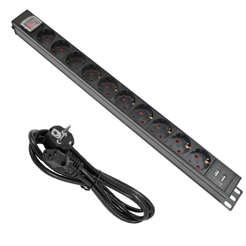 

10 Ways PDU Power Strip EU Power Strip Socket with IEC-C14 Port Outlet extend with Circuit Breaker Switche 2 USB