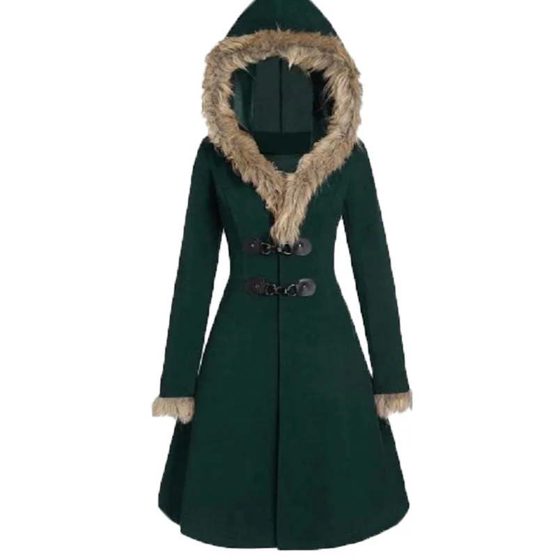 Women's Autumn And Winter Plaid Long Padded Jacket Hooded Fur Alloy Buckle Slim Woolen Women's Jacket down coats & jackets Coats & Jackets