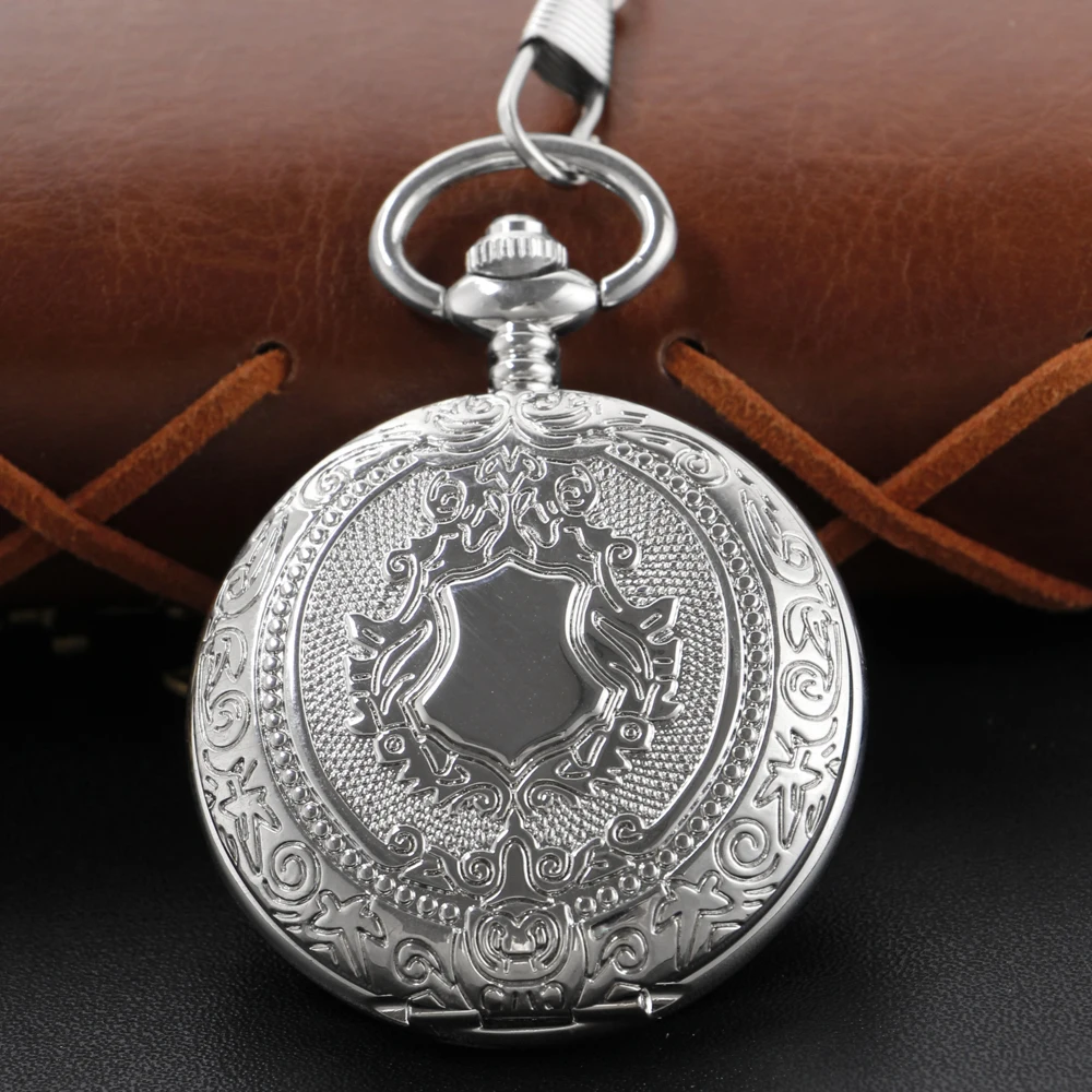 

Silver Shield Badge Embossed Mechanical Pocket Watch Commemorative Pendant Clock Gift with Fob Chain Antique Timer Gift