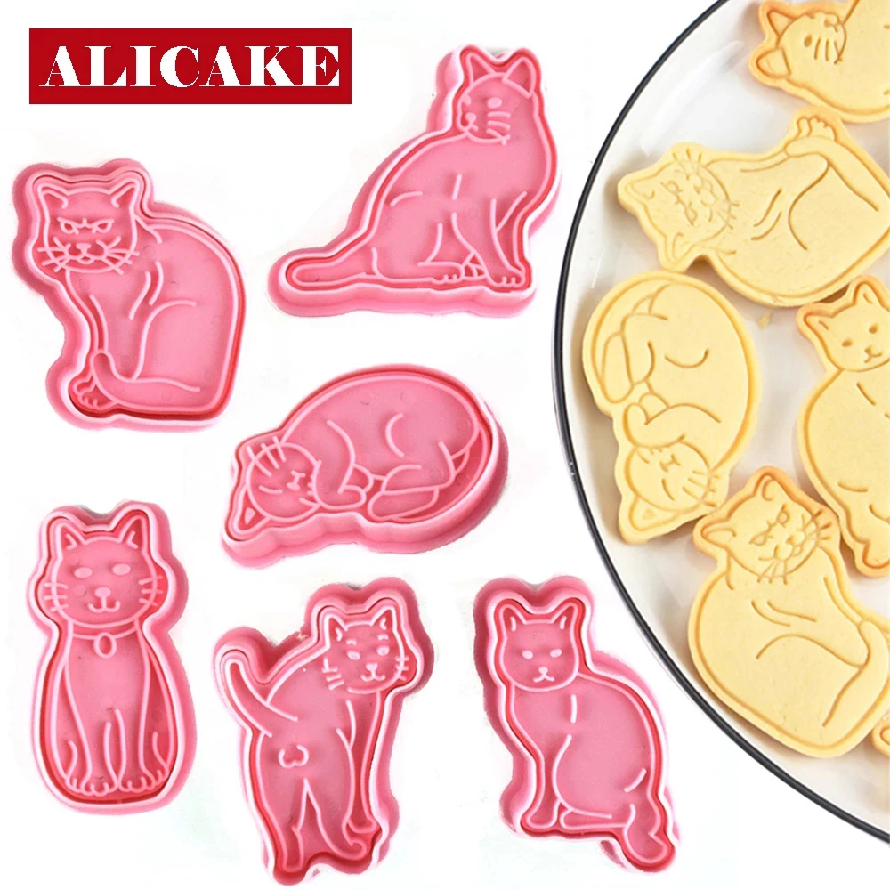 Cat Cookies Cutters Plastic Cartoon Pressable Biscuit Mold Pussy Confectionery Cookie Stamp Kitchen Baking Pastry Bakeware Tools Cookie Cutter Cookie Mould Cookie Printing Mold Baking Mold Cookie Maker Press Kit