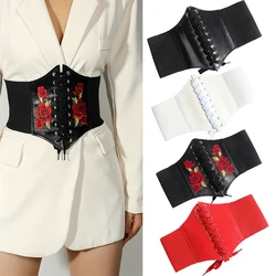 Fashion Sexy Corsets Rose Embroidered Wide Belts For Women Girls Solid Color PU Leather Slimming Body Fashion Elastic Waistband
