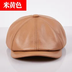 Cowhide Genuine Leather Retro Brown Men's Warm Cap - Spring/Winter Beret Style - XXL 59 - 60cm (First layer cowhide)