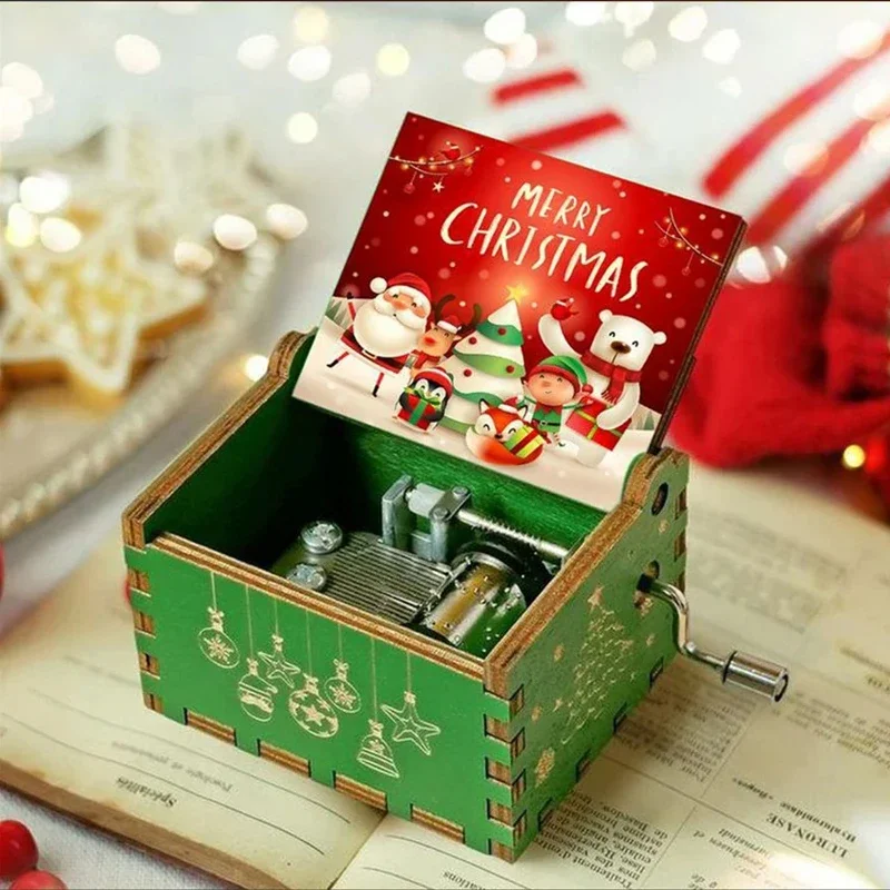 2025 Hot Wooden Hand Crank Music Box Christmas Theme Halloween Decoration Home Birthday Christmas Gift for Girlfriend 2