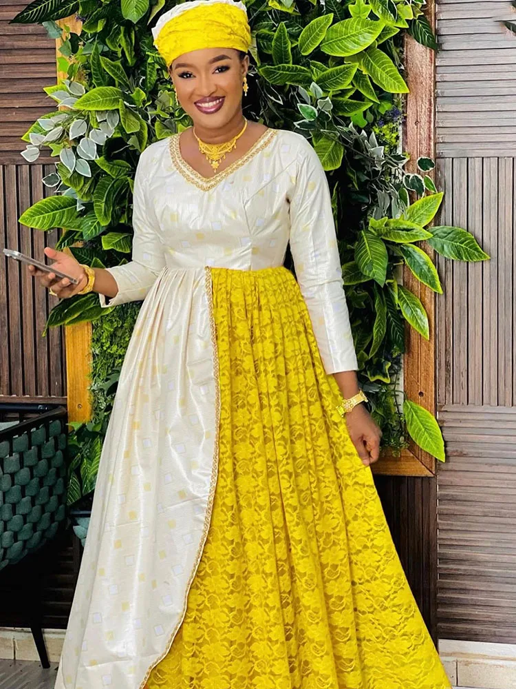 New in Dresses: Bazin Spliced Cotton Lace Long Dress-Elegant Evening Dress for Slimming & Stunning Look at Parties and Events