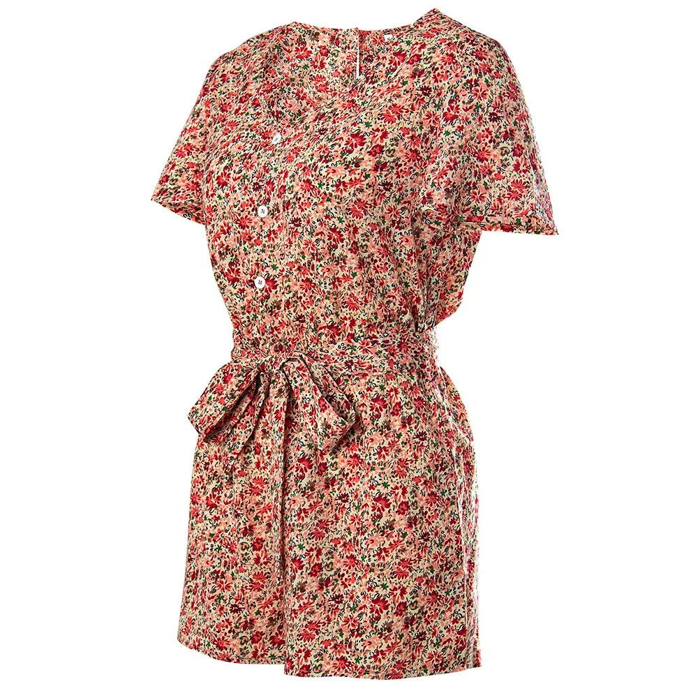2024 Womens Short Sleeve Button Up Short Jumpsuits Floral Print Jumpsuit Summer New Fashion Sashes Playsuits Female Rompers
