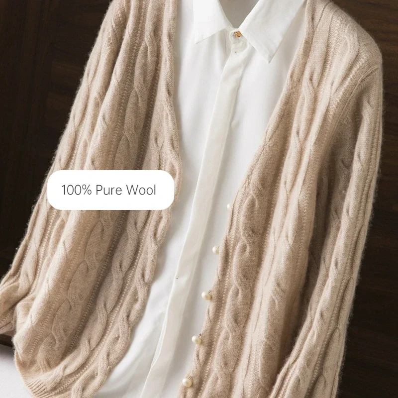 

100% Pure Wool Cardigan for Women Autumn and Winter New Thick Sweater Plus Size Loose Knit Bottoming Shirt Women's Jacket