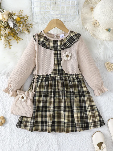 2 pièces filles pâte frite torsions couture plaid faux deux col rond robes à manches longues avec des sacs, adapté pour l'automne et l'hiver 1