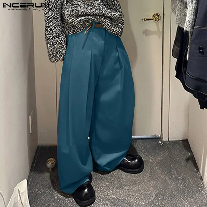 INCERUN S-5XL 남성용 캐주얼 스트레이트 팬츠, 단색, 루즈 단추 조거, 스트레이트 팬츠, 한국 스타일, 2024