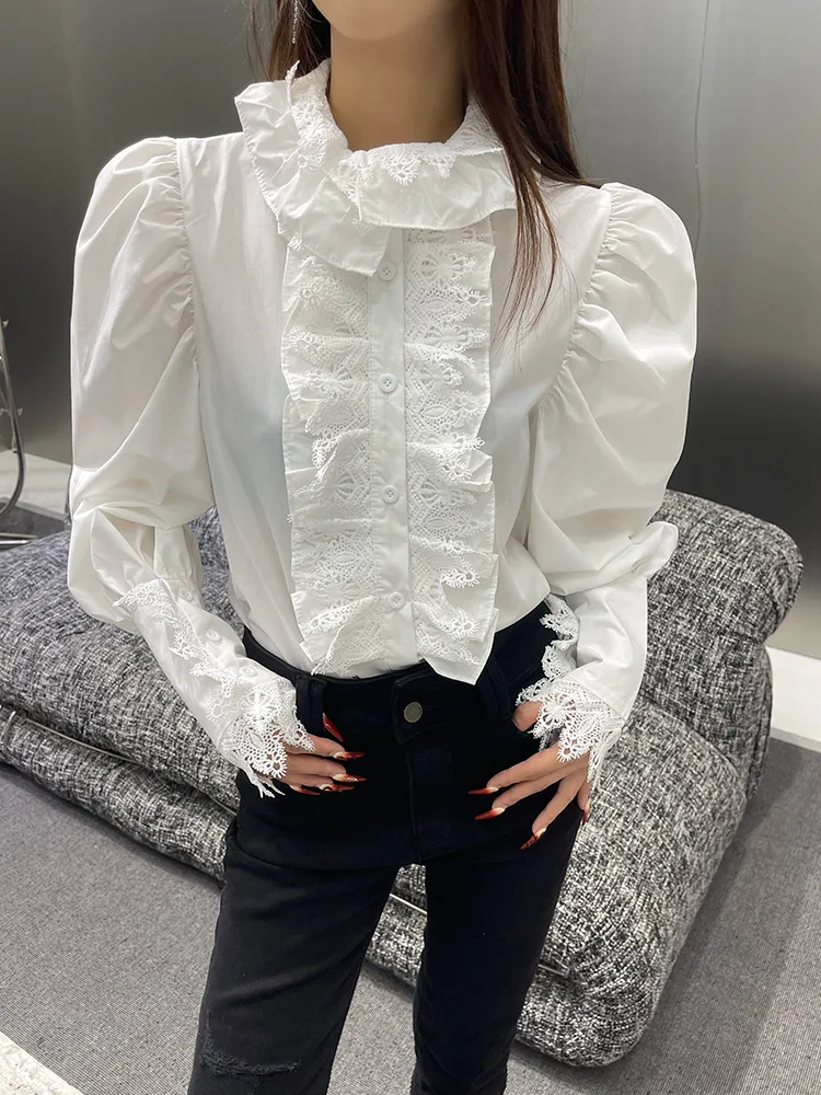 

2024 French Hollow Lace Stitching Shirt Women Spring Autumn Korean Style White Ruffled Puff Sleeve Elegant Commuting Top Trendy