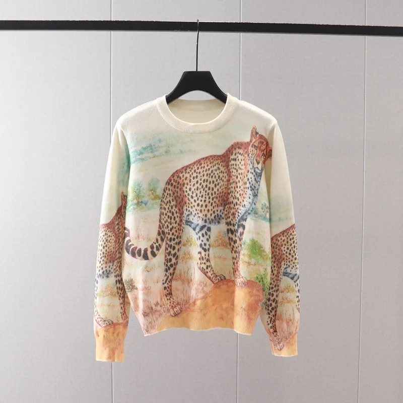 

Autumn Leopard print Sweater For Women, Knit long sleeve Pullovers, Oversize Loose Jumpers, 가디건 свитер женский tops