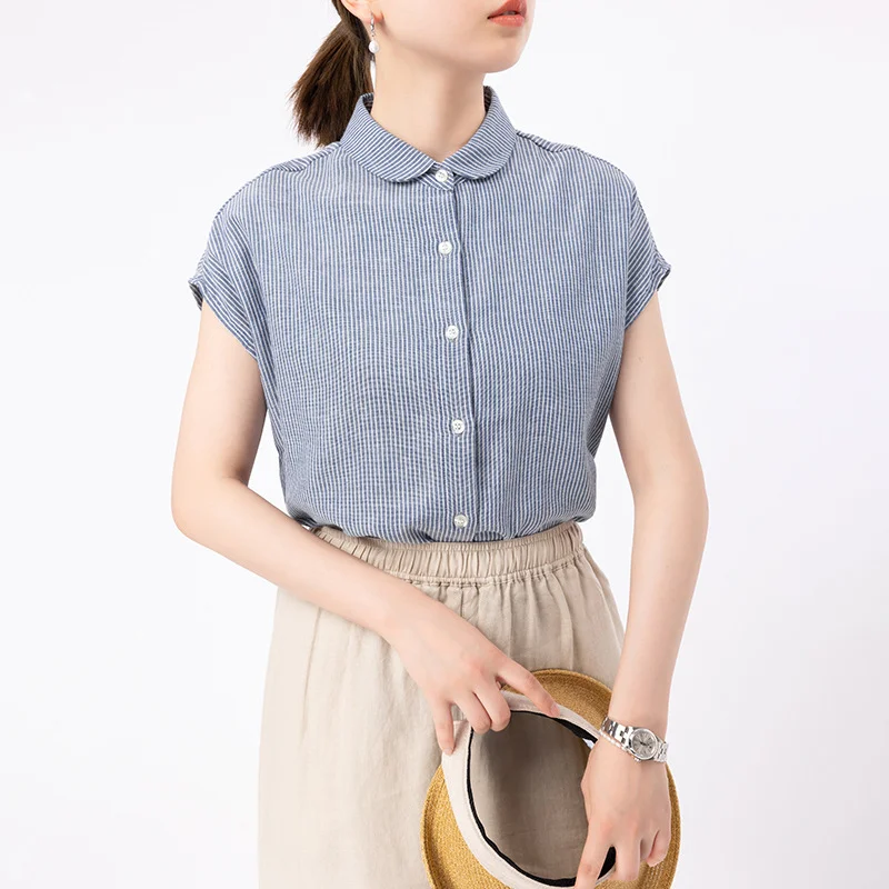 Double-layer  Cotton Yarn Blouses Women Stripe Short-sleeved Summer Tops Turn Down Collar Classic Shirts Raglan Lattice Slim Fit