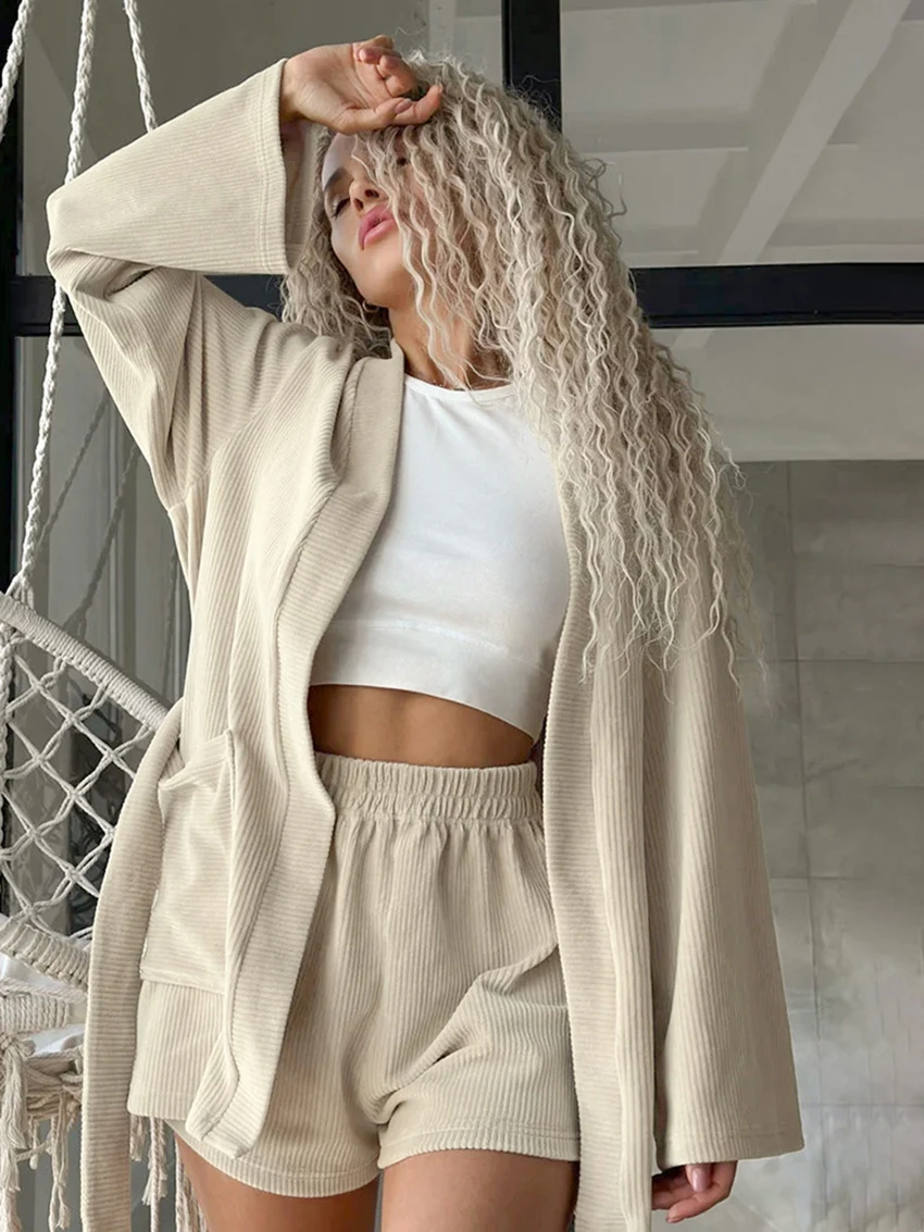 Marthaqiqi Home Clothes For Women'S Long Sleeve Pajamas V-Neck Sleepwear Lace Up Nightwear Shorts Casual Ladies Nightgowns Suit