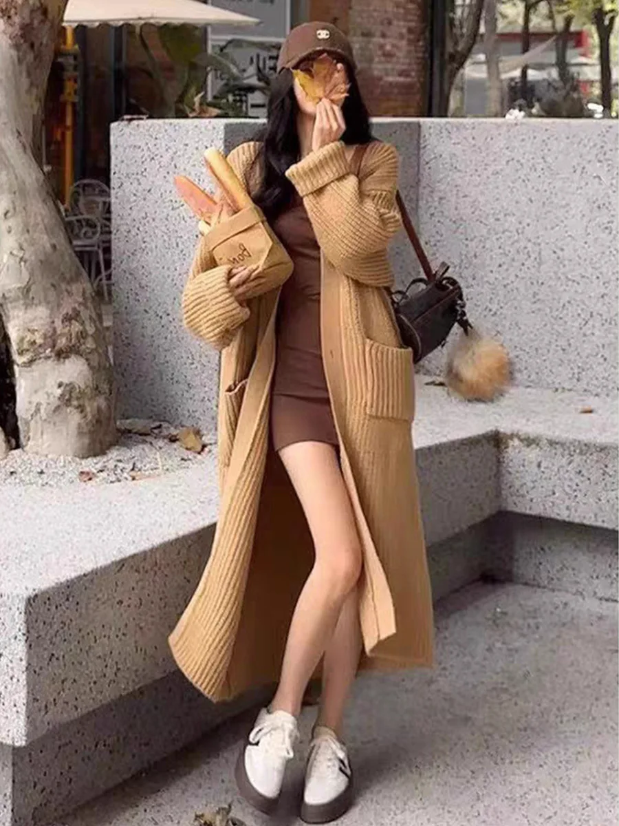 

Jastie 2023 новый осенне-зимний свитер свободный длинный вязаный кардиган до колена Женский Повседневный свитер с большим карманом