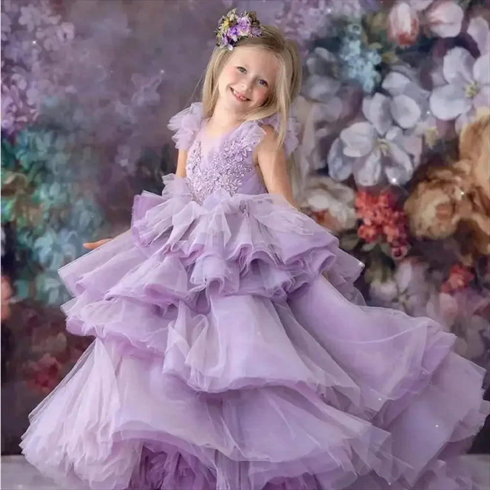 

Flower Girl Dress Bows Children's First Communion Princess Formal Elegant Girl Party Ball Gown Full Of Layers