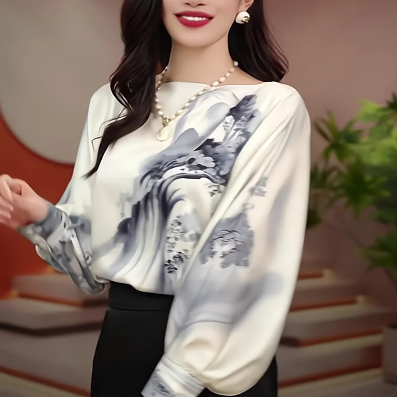 2024 New Summer Oversized Elegant Fashion Korean Aesthetic T-shirts Black White Landscape Long Sleeve One Shoulder Women's Top