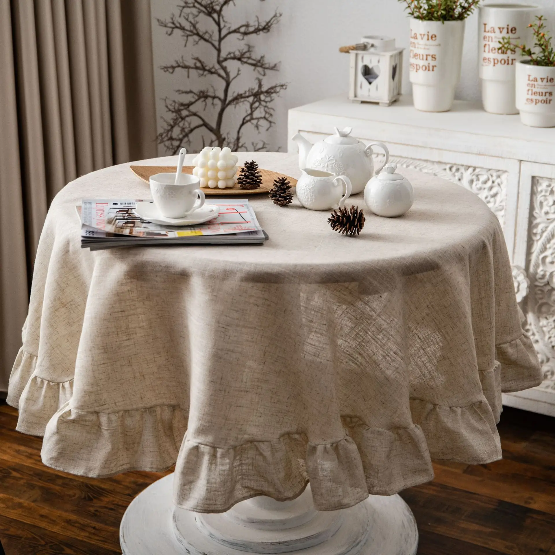 Ruffle Round Cotton Tablecloth, Cobertura de mesa lavável para férias, jantar, banquete, cozinha, decoração do casamento, guarnição