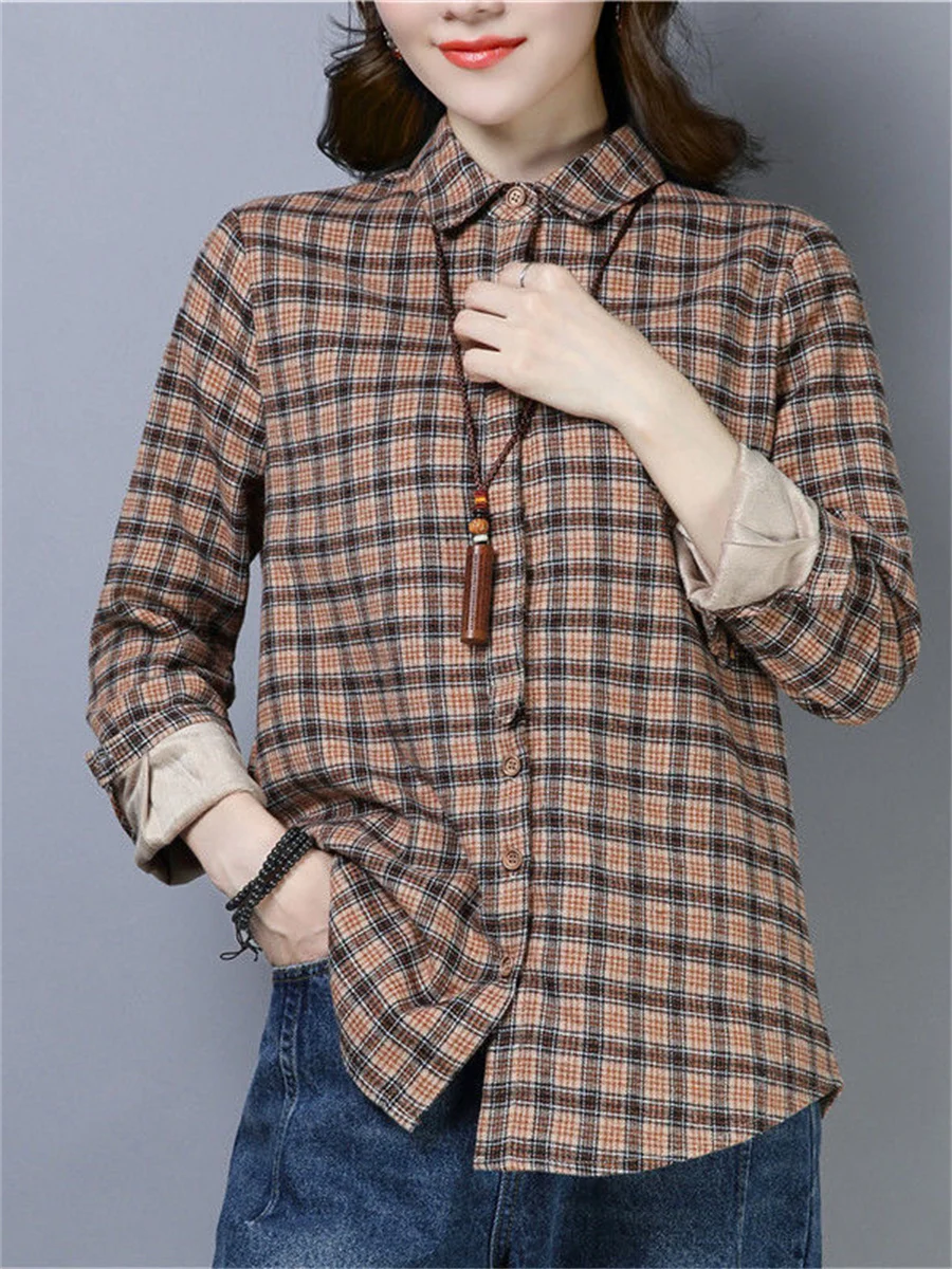 

Women Spring Autumn Blouses Shirts Lady Fashion Casual Long Sleeve Turn-down Collar Lattice Stripe Printing Blusas Tops TT2461