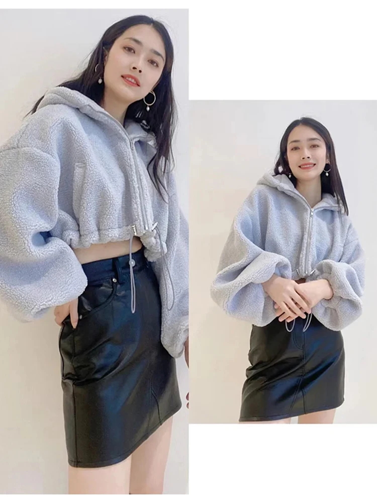 Sweet Japanese Ladies Hooded Long Sleeve Woolen Coat Winter Loose Solid Color Drawstring Slim-Fit Hood Woolen Loose Short Coats