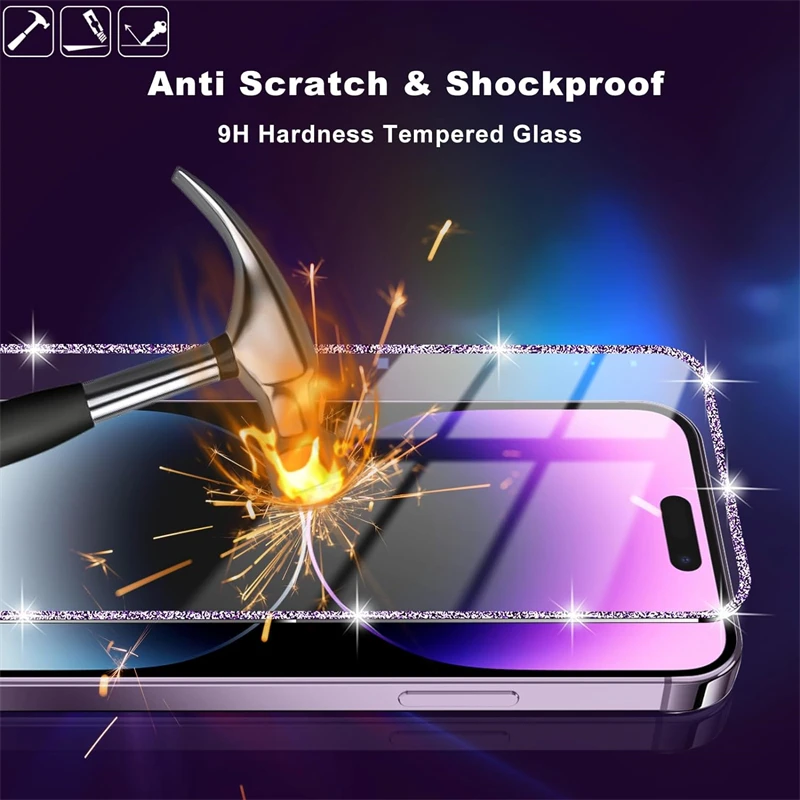 2PCS Bling Glitter Edge Tempered Glass Screen Protector Film Cover