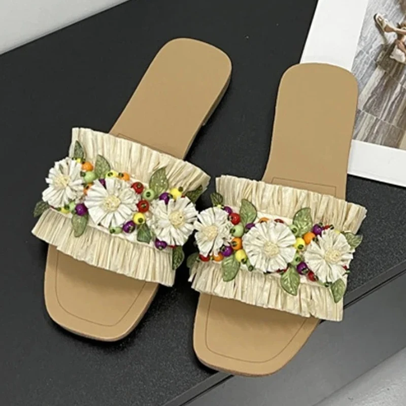 String Slippers Sweet Flower String Bead Flat Slippers Women Fashion Pleated Square Toe ...