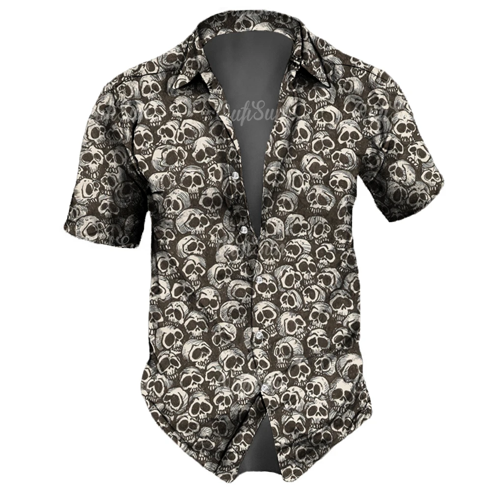 Casual Short Sleeved Shirt Hawaiian Shirt Short Sleeved Shirt Button Down Shirt Skull Men's Shirts Lapel Streetwear Vintage Shirt For Men Street Hip Hop Short Sleeve Top Party Summer Men Hawaiian Shirts