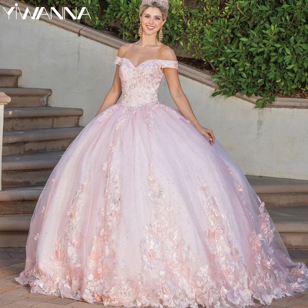 

Graceful Off The Shoulder Quinceanera Dresses Sparkly Sequins Appliques Ball Gown Luxury Pink Mexican Sweet 16 Dresses 15 Anos