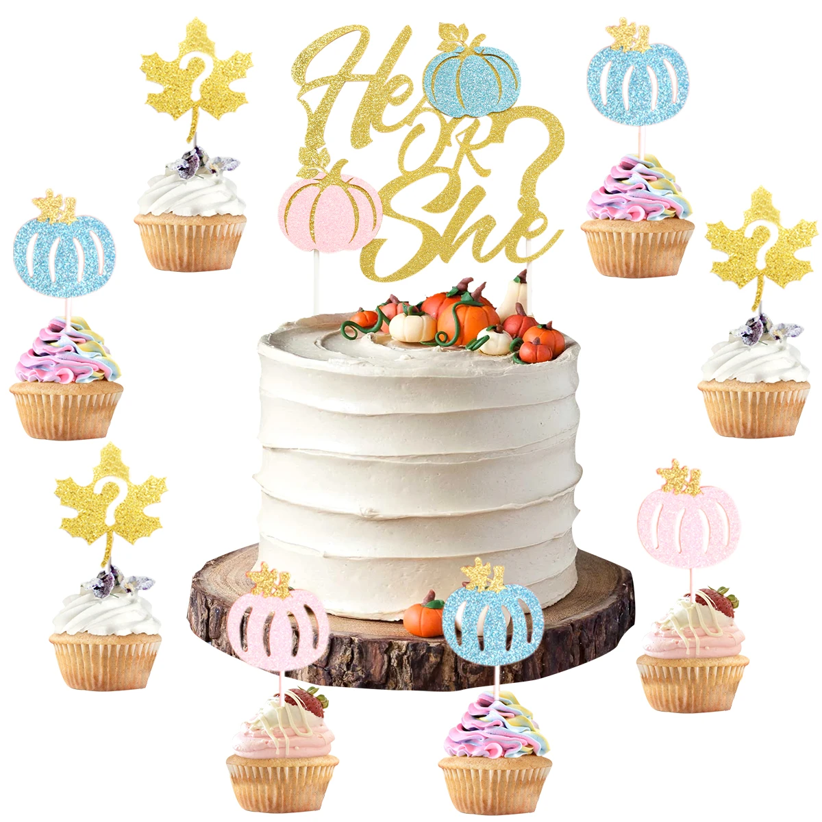 Pumpkin Gender Reveal Cake Decorations He Or She Cake Topper And 24 Pack Cupcake Toppers Boy Or Girl Baby Shower Cake Decorating Supplies Aliexpress