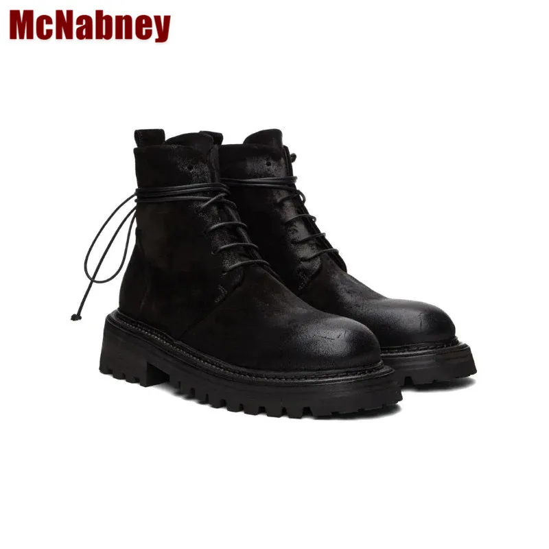 

Fashion Catwalk Genuine Leather Cowhide Men's Ankle Boots Winter Warm Round Toe Low Heel Male Lace-up Knight Boots Casual Shoes