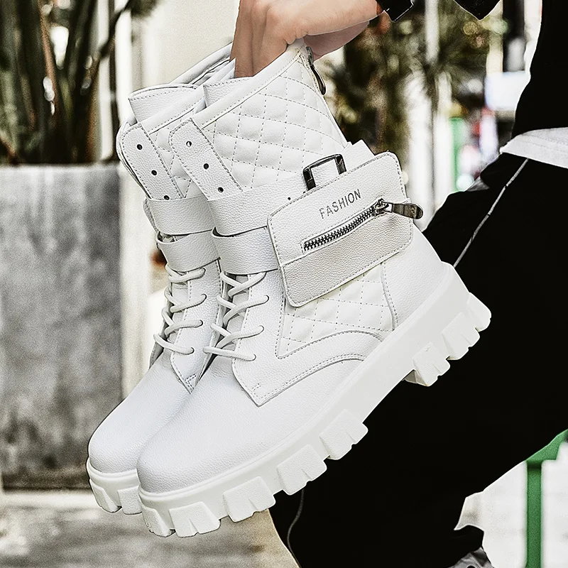 

Brand White Ankle Boots Men Genuine Leather Men's Winter Boots Luxury Man Motorcycle Boot High top Shows Pocket Fashion Boots