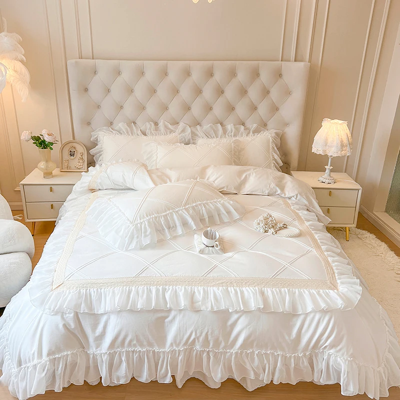 White Princess Wedding Bedding Sets Luxury Chiffon Lace Ruffle