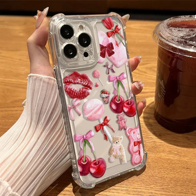 Fashion Bow Cherry Lichee Soft Transparent Phone Case Cover
