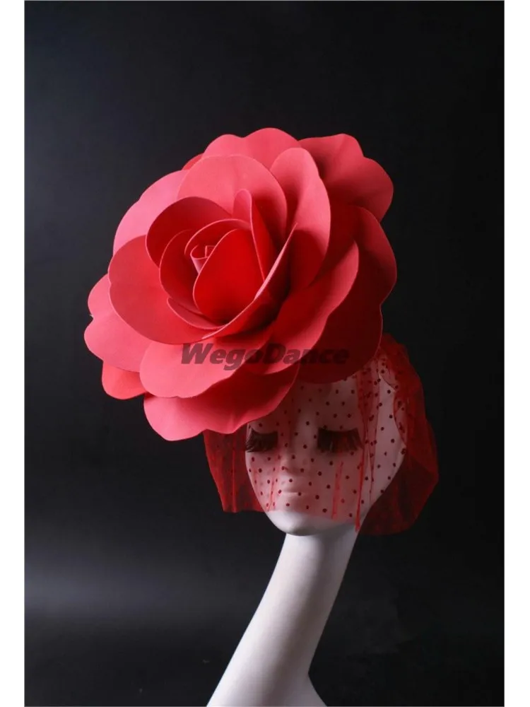 

Big Flower Headdress Red Black Rose Mysterious Veil Stage Make-up Pompous Hair Ornament Catwalk Accessories