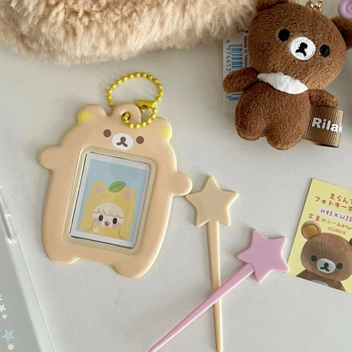 Japanese Style Kawaii Cartoon Bear Photo Card Holder Keyring Cute Bear K-Pop Idol Keychain for 2 Inch Photo School License Case
