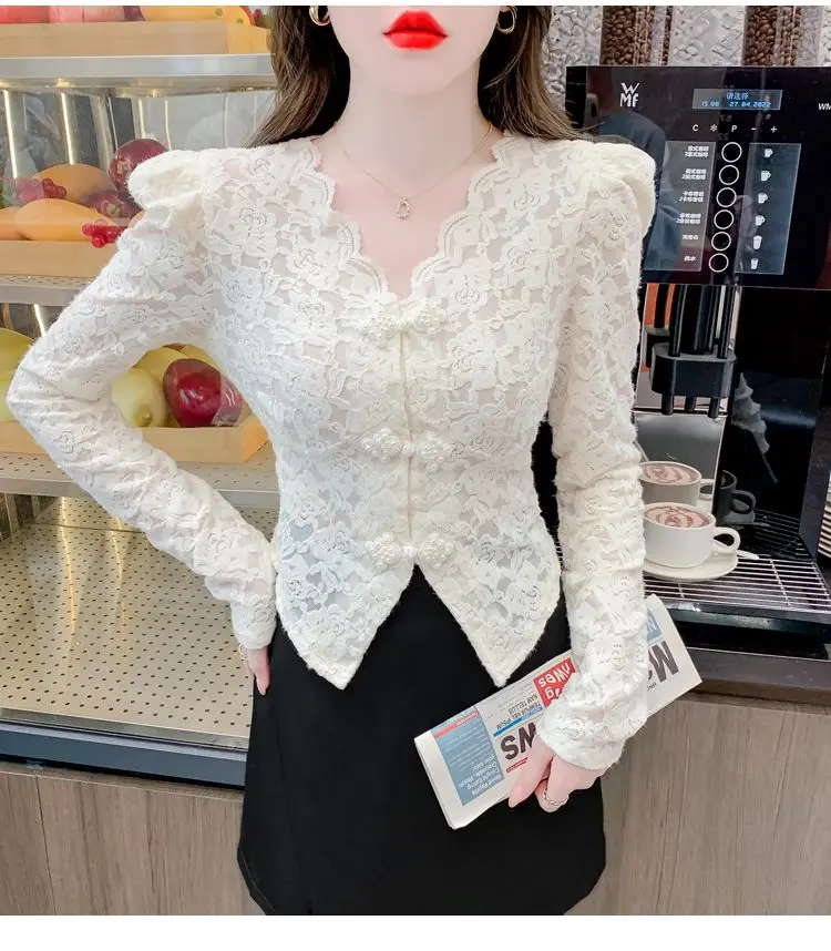 Temperament V-ausschnitt Slim Fit Spitze Hemd für Frauen Neue Französisch Süße Lange Ärmeln Einfarbig Basis Shirt Top – Detail 15
