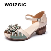 WOIZGIC Women Mother Ladies Female Genuine Leather Sandals Shoes Platform Summer Cool Beach Retro Flowers High Heel Buckle Strap 1