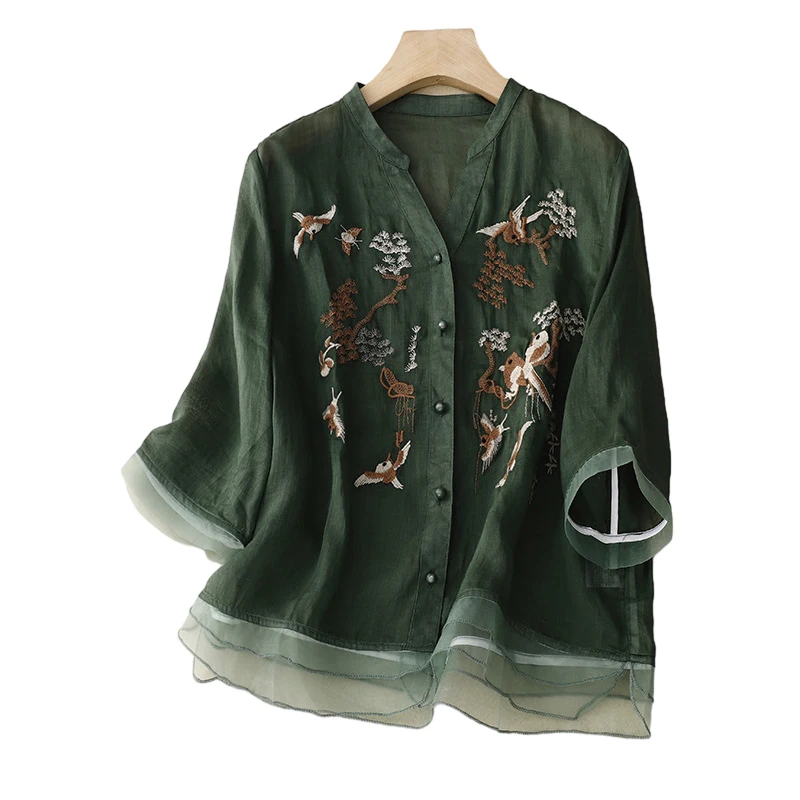 2023 New Cotton Linen Women's Shirts Summer Bird Tree Embroidery Chinese Style Blouses Loose Short Sleeves Top Vintage Clothing