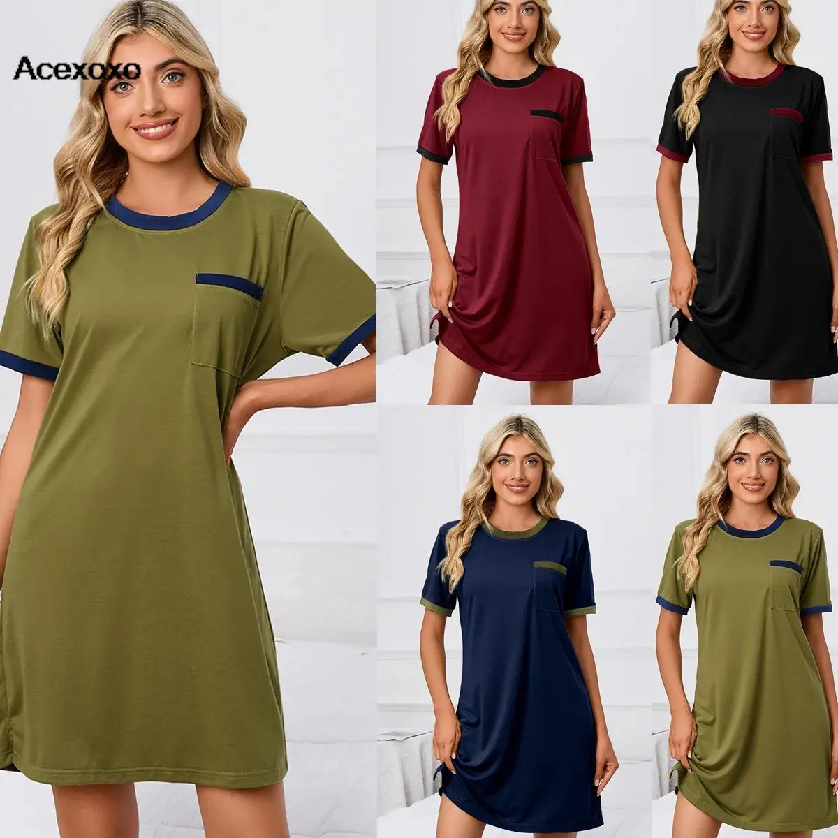 

New Europe and the United States short-sleeved solid color loose T-shirt round neck pajamas dress extra size