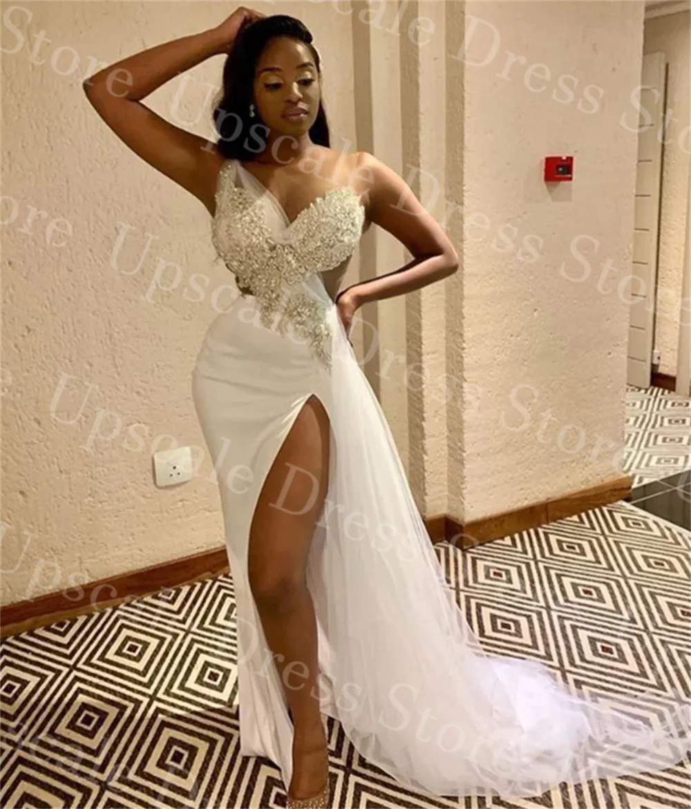 

New African Sexy High Split Prom Dresses Lace Appliqued Evening Dresses One Shoulder Gowns Vestidos De Fiesta Elegantes 2024