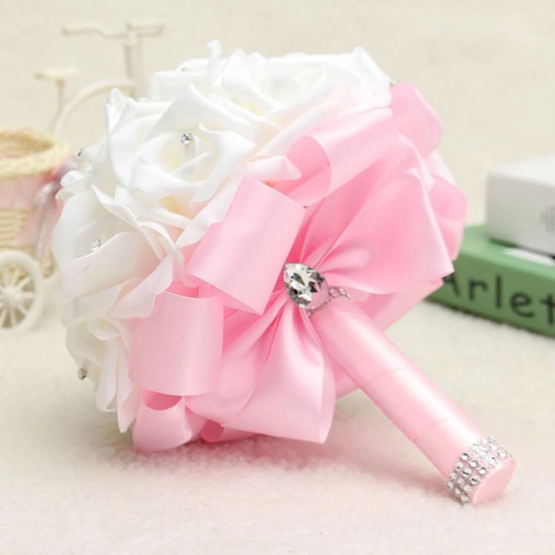 1PC PE Rose Bridesmaid Wedding Foam Flowers Artificial Rose Flowers Wedding Bouquets Rose Bridal Bouquet Ribbon Fake Wedding Bouquet