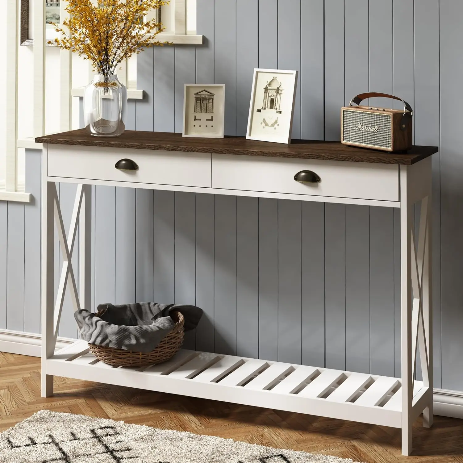 Farmhouse Console Table with Drawer for Entryway Narrow Long Entry Table with Shelf for Living Room, Rustic Vintage Hallway Sofa