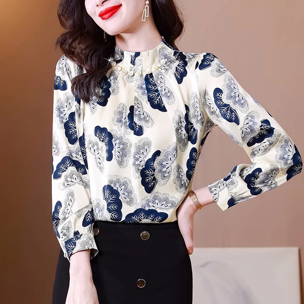 

Elegant Women Printed Shirts Fashion Long Sleeve Blouse Women 2023 Loose Tops With Beaded