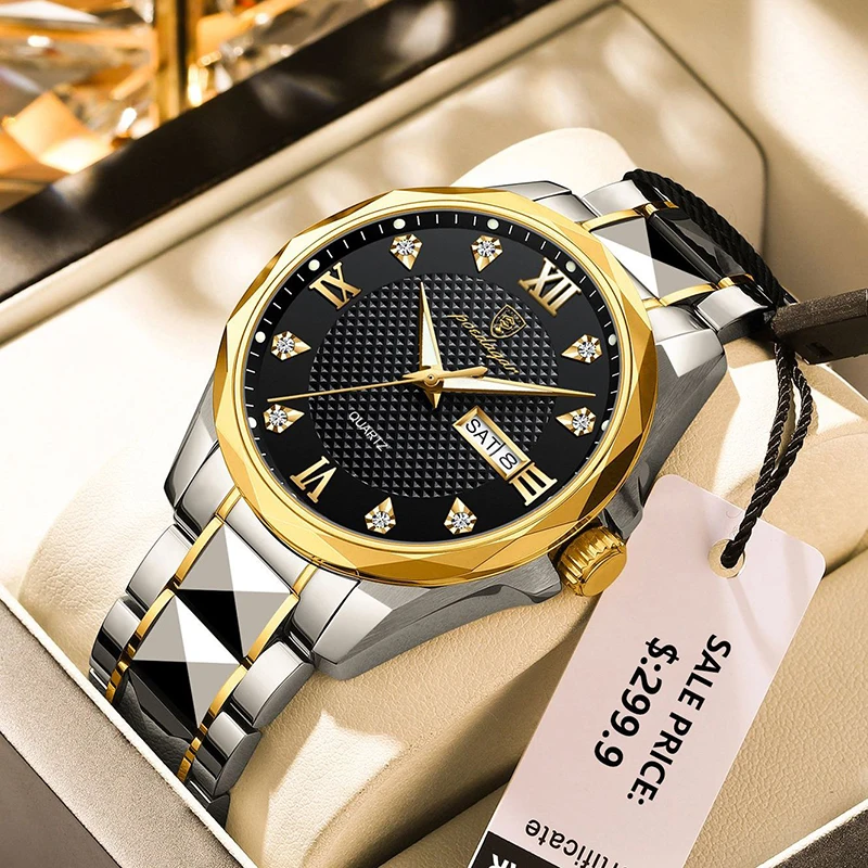 

POEDAGAR New Gold Watch Men Sport Waterproof Calendar Week Business Quartz Wristwatches For Man Luxury Luminous Male Clock Steel